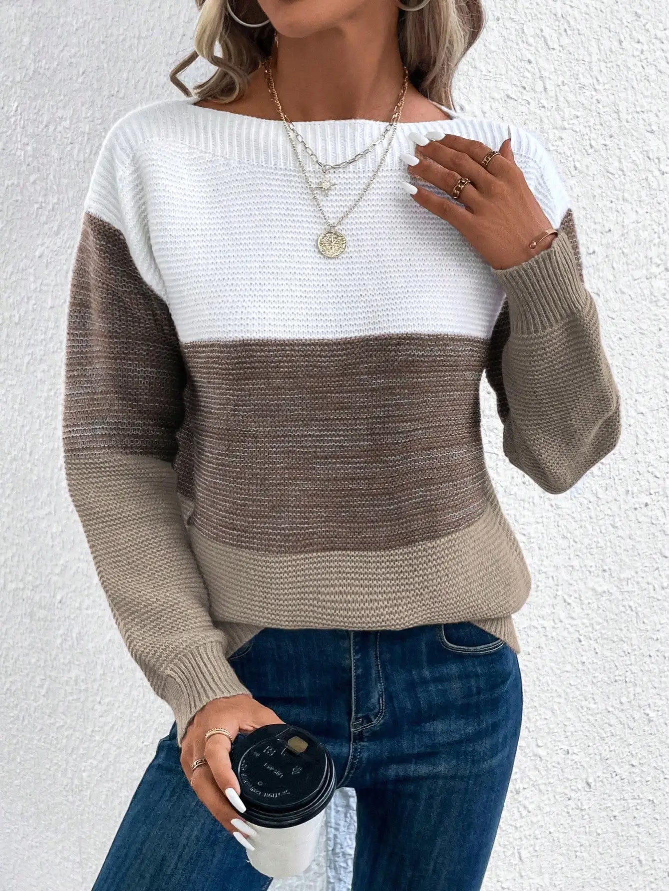 Elegant Three-color Patchwork Sweater Women Daily Commuter Casual Loose Jumpers Female Autumn Winter Knitted Thickened Warm Tops