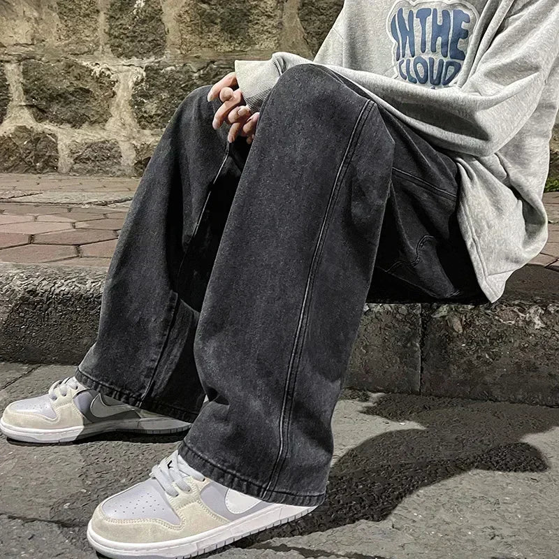 2025 New Streetwear Loose Jeans Men Korean Style Fashion Loose Straight Wide Leg Pants Men's Brand Clothing Black Light Blue