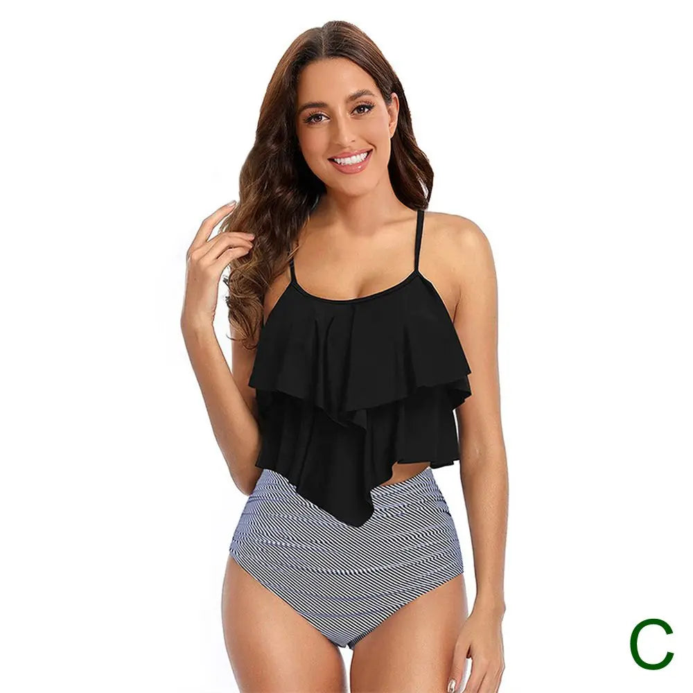 8 Colors Women Ruffled Tankini Set Padded Top With Adjustable Shoulder Straps Elastic Slim Knitted High Waisted Beachwear 2024
