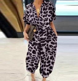 2025 Summer New Dot Leopard Print Jumpsuit Women Short Sleeve Leace-up Pocket Casual Jumpsuits Fashion Vintage Ladies Bodysuits