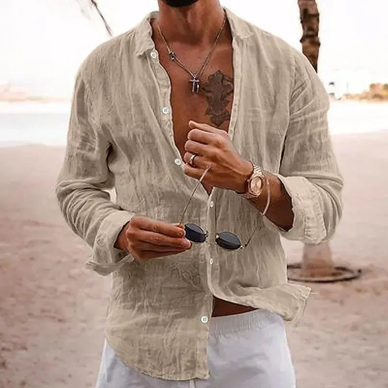 2025 Spring/Autumn New Style Loose Long Sleeve Linen Comfortable Men's Shirt Solid Color Turn-Down Collar Casual British Style