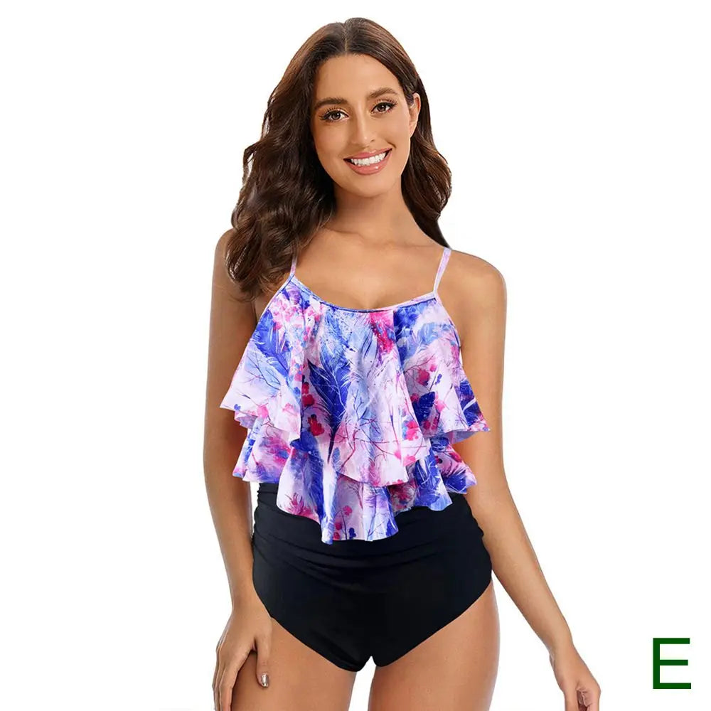 8 Colors Women Ruffled Tankini Set Padded Top With Adjustable Shoulder Straps Elastic Slim Knitted High Waisted Beachwear 2024