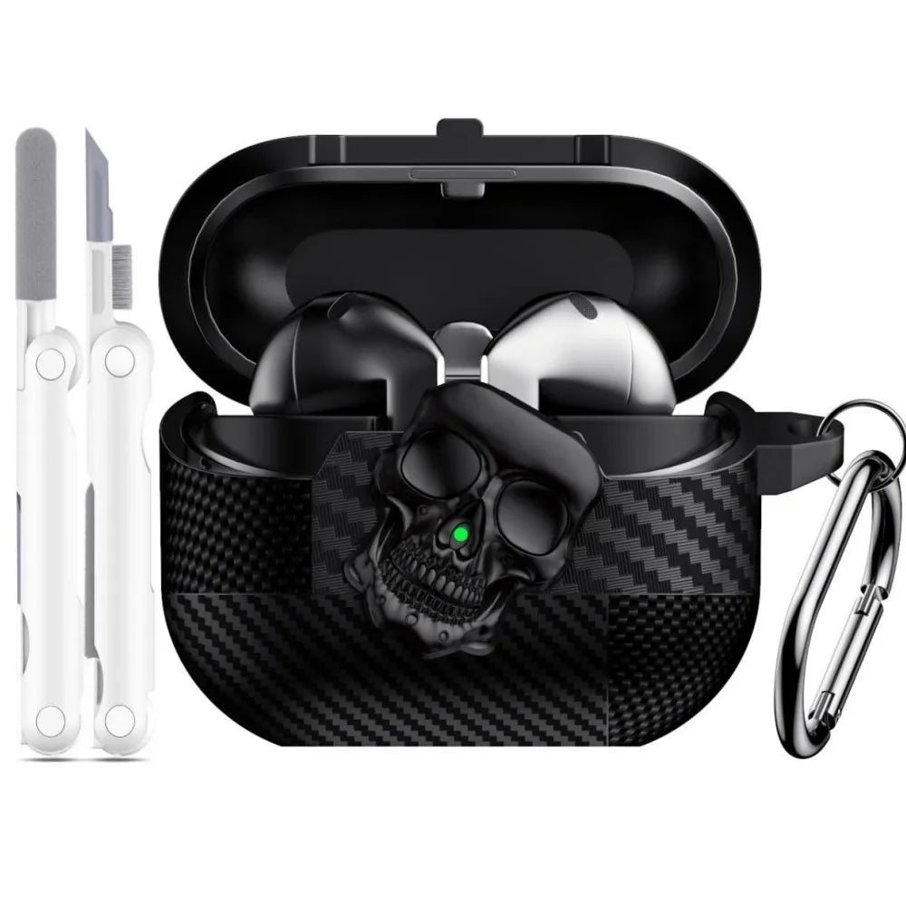 New For Samsung Galaxy Buds 3 Pro with Keychain & Cleaner Kit Funny Skull Carbon Fiber Protective Case For Samsung Galaxy Buds 3