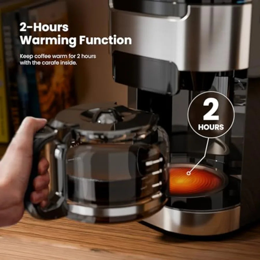 10Cup Digital Drip Coffee Maker with BuiltIn Grinder for Home and Office Use: 12Hour Timer Programmable Settings 1.5L Water Tan