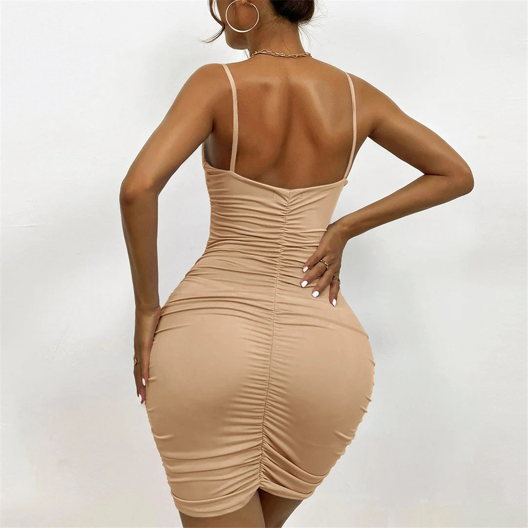 XS - L Sexy Ruched Pleated V Neck Sling Dress Short Club Lady Elegant Summer Bodycon Dress Evening Party Tight Mini Dress VD007