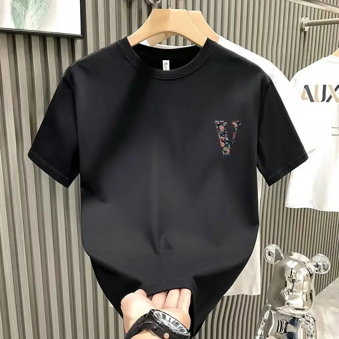2025 New High Quality Heavyweight Cotton Short Sleeve T-Shirt Unisex Loose Breathable Summer Fashion Brand  Crew Neck Strip