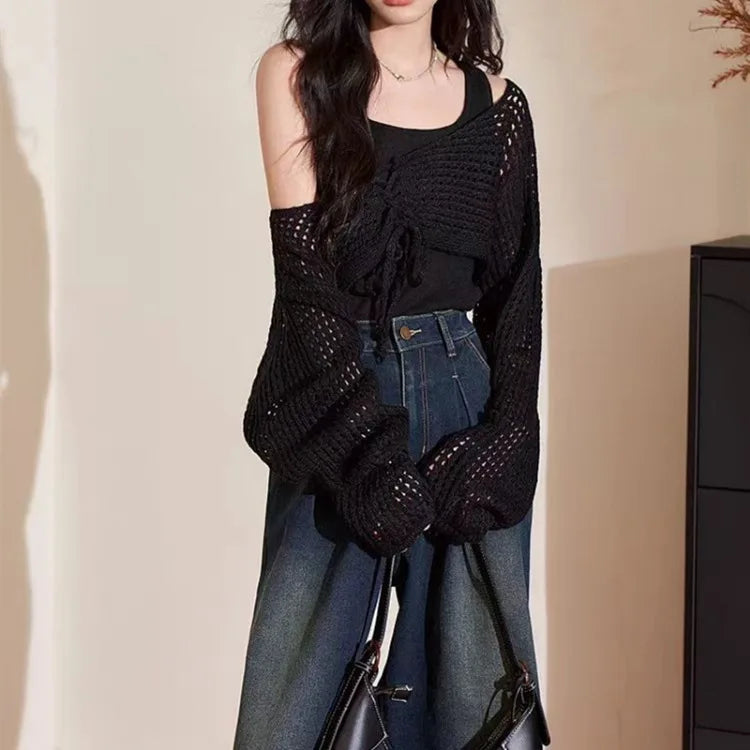 2025 Summer New V-neck Lace Up Cardigan Hollow Out Long Sleeve Tops Women Y2k E-Girl Slim Fit All-match Knitted Pullover