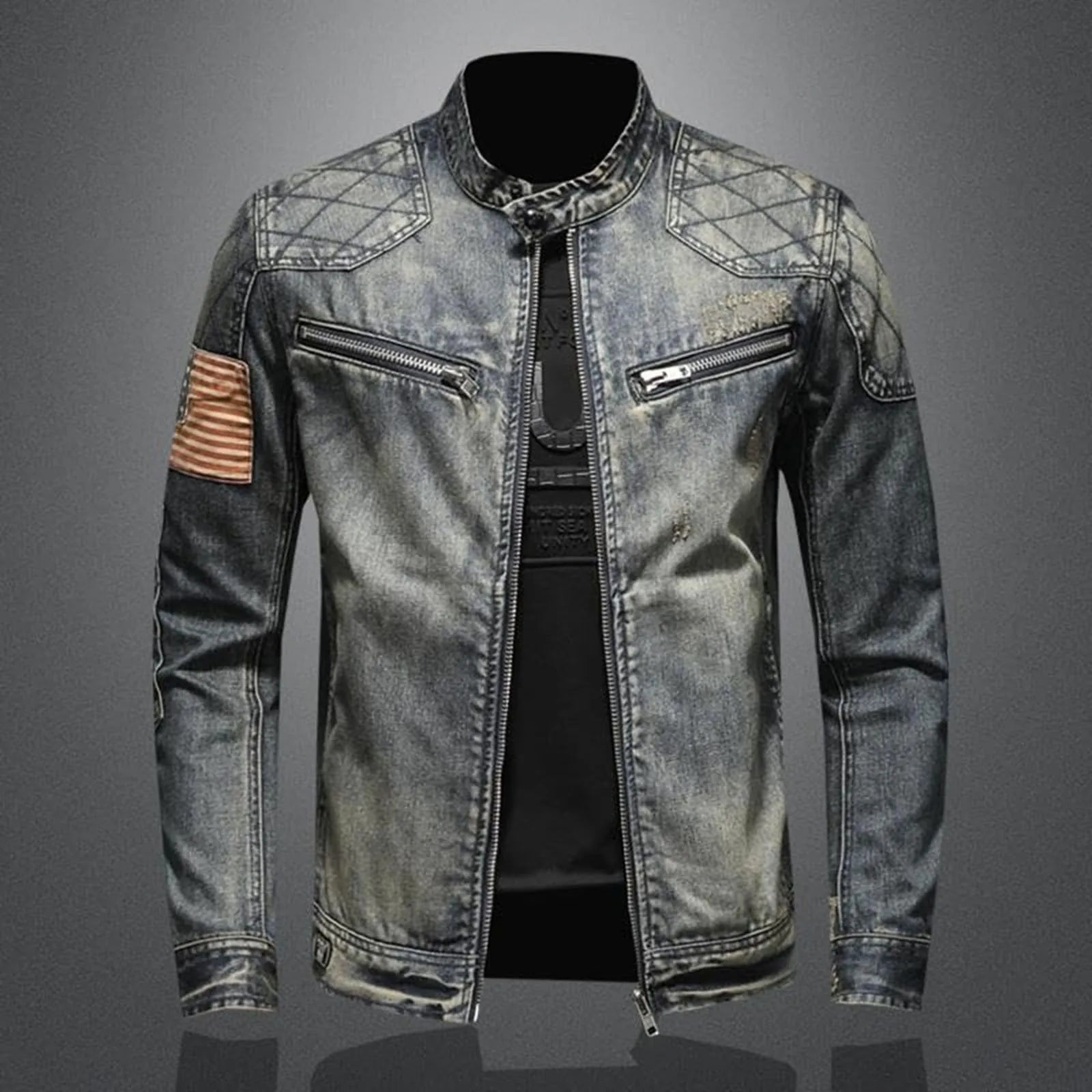 Vintage Denim Jacket With Zip Stand Up Cotton Slim Fit Denim Coat Jeans Long Sleeve Loose Pocket Zipper Top Winter Jacket Men