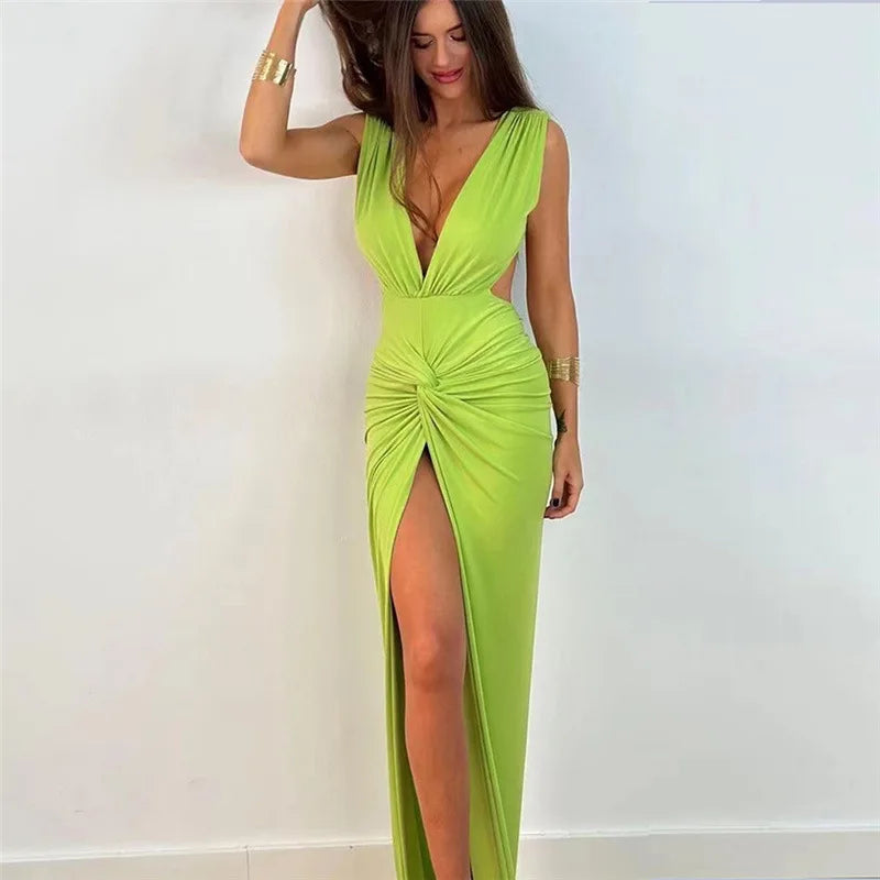 GACVGA Summer Fashion Ruched Long Dress Sexy Backless V Neck Hight Slit Women Bodycon Party Maxi Dress