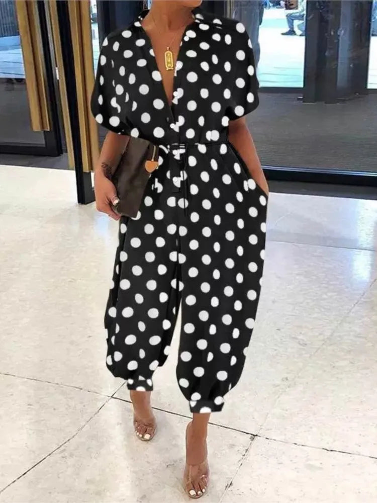 2025 Summer New Dot Leopard Print Jumpsuit Women Short Sleeve Leace-up Pocket Casual Jumpsuits Fashion Vintage Ladies Bodysuits