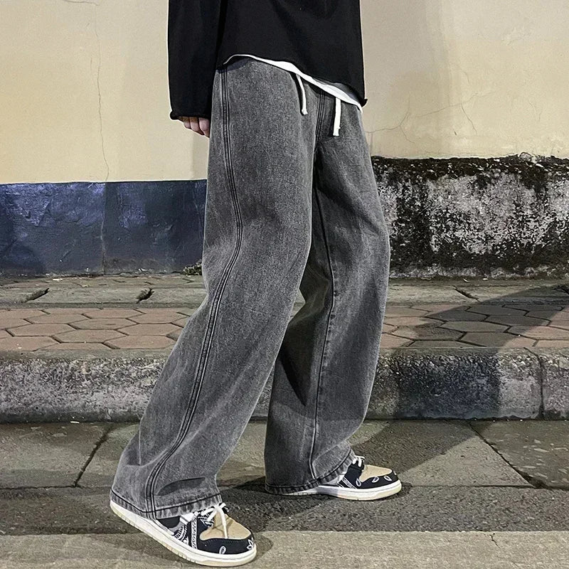 2025 New Streetwear Loose Jeans Men Korean Style Fashion Loose Straight Wide Leg Pants Men's Brand Clothing Black Light Blue