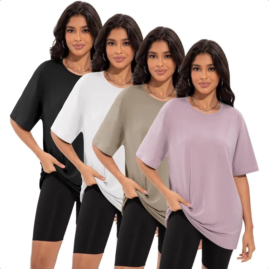 4 Pack Oversized Tshirts for Women Loose Fit Crew Neck Summer Baggy Tops Workout Tees Plus Size T Shirts