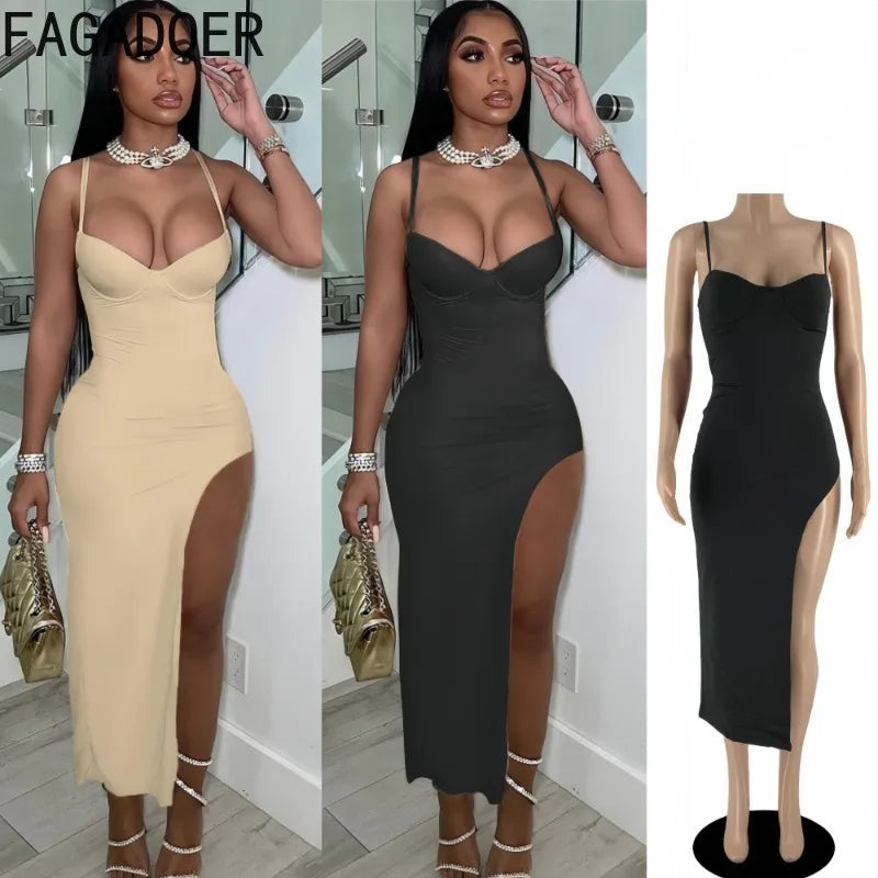 FAGADOER Sexy High Slit Bodycon Long Dress Women Solid Color Spaghetti Strap Backless Dresses Female Streetwear Vestidos 2025