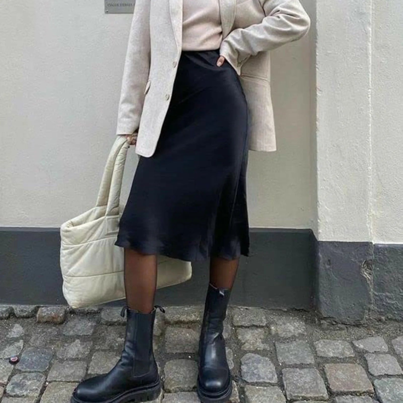 Aesthetic Satin A-Line Skirt Women's Bright Face High Waist Solid Color Side Split Skirt With Zipper Knee Length Office Wear