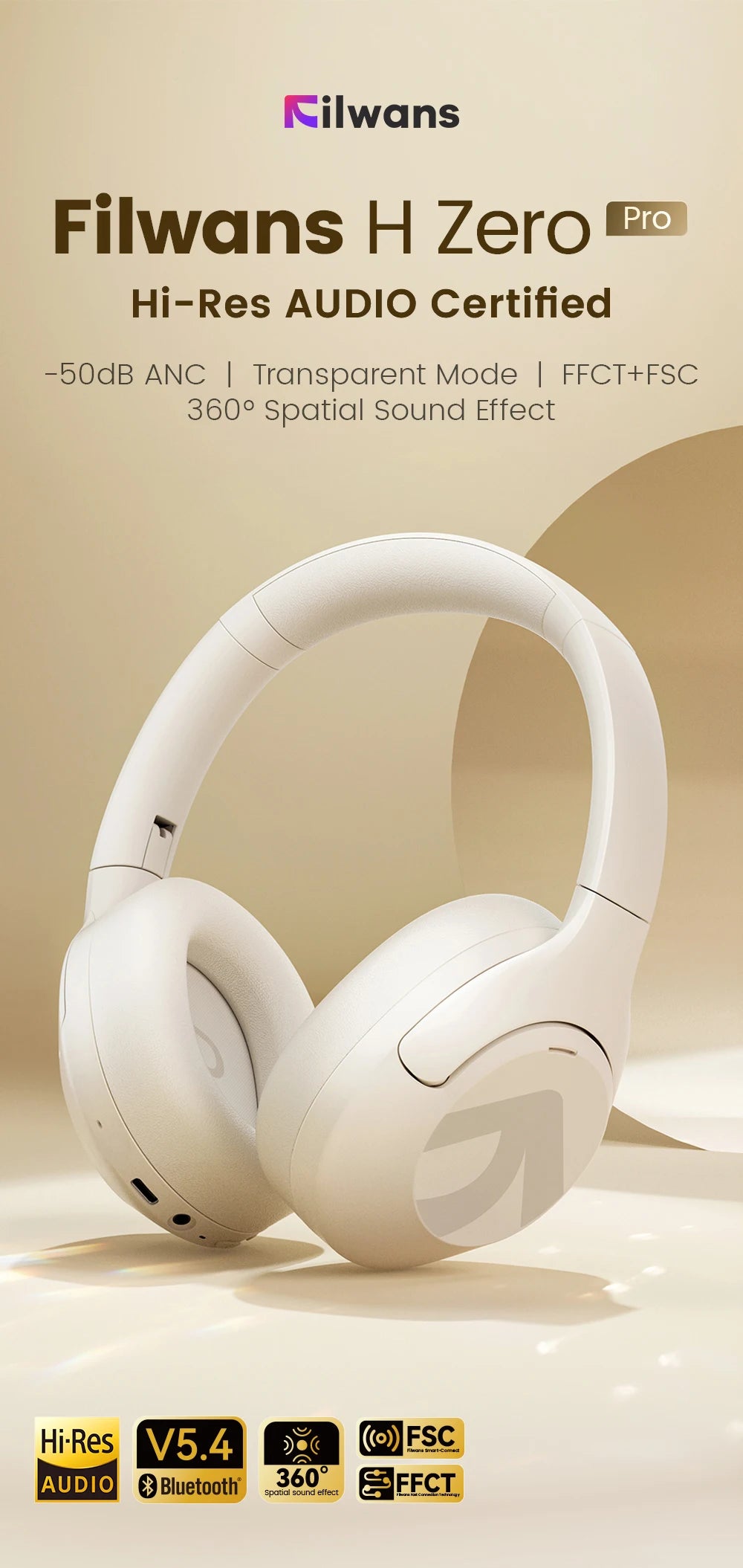 Filwans H Zero pro -50dB ANC Headphones Hi-Res AUDIO Wireless Bluetooth 5.4 5 Microphone Headset 3.5mm PC Gaming Gamer Earphones