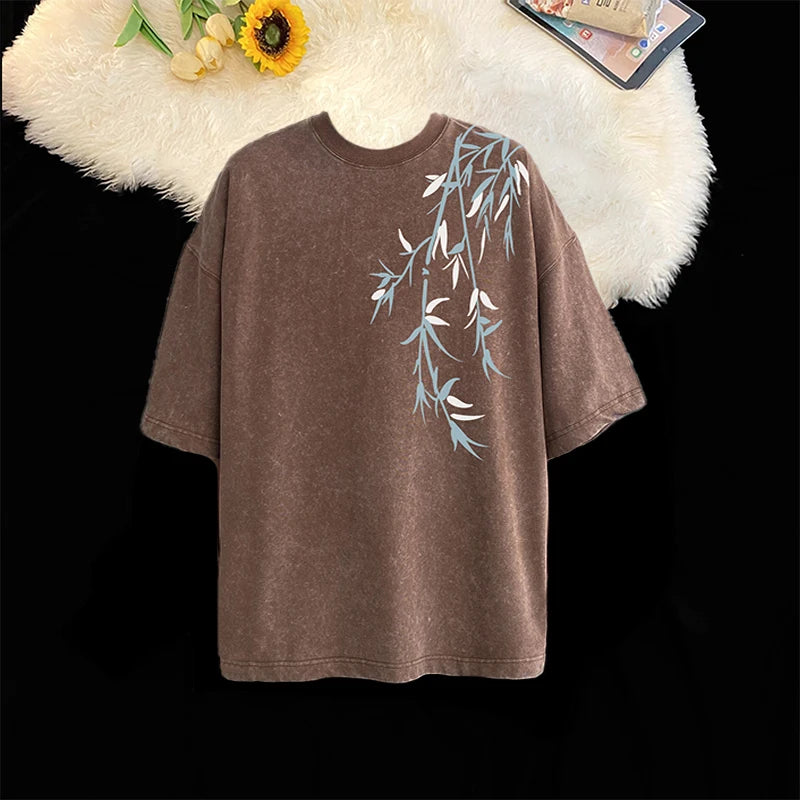 Bamboo Leaf Pattern Short Sleeve Heavy Fabric Acid Washed Men's T-shirt Men Woman Streetwear Oversized Loose Tops Summer Tees