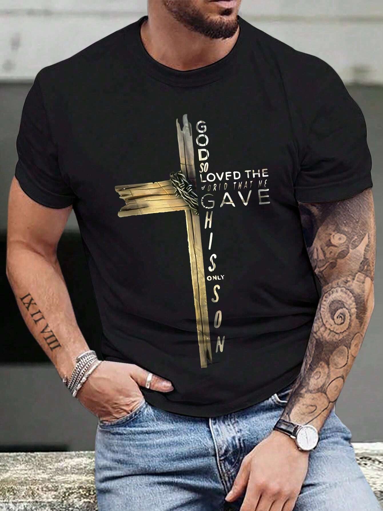 Manfinity LEGND Men Letters and Cross Print round Neck Short Sleeve Casual T-Shirt, Boyfriend Gift, for Work
