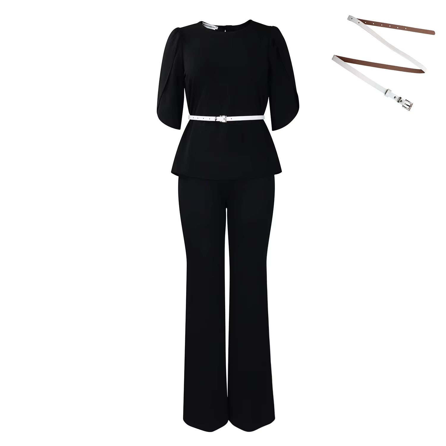 2025 New Elegant Suit O-Neck Half Sleeve with Belt Shirt Blouse Top Wide Leg Pants Two Piece Lady Summer Office Set for Women