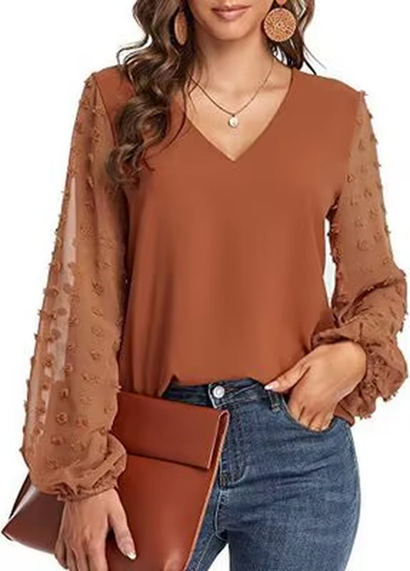 2025 Women'S Top Pearl V Neck Lace Gauze Puff Sleeve Bottoming Shirt Ladies Blouse