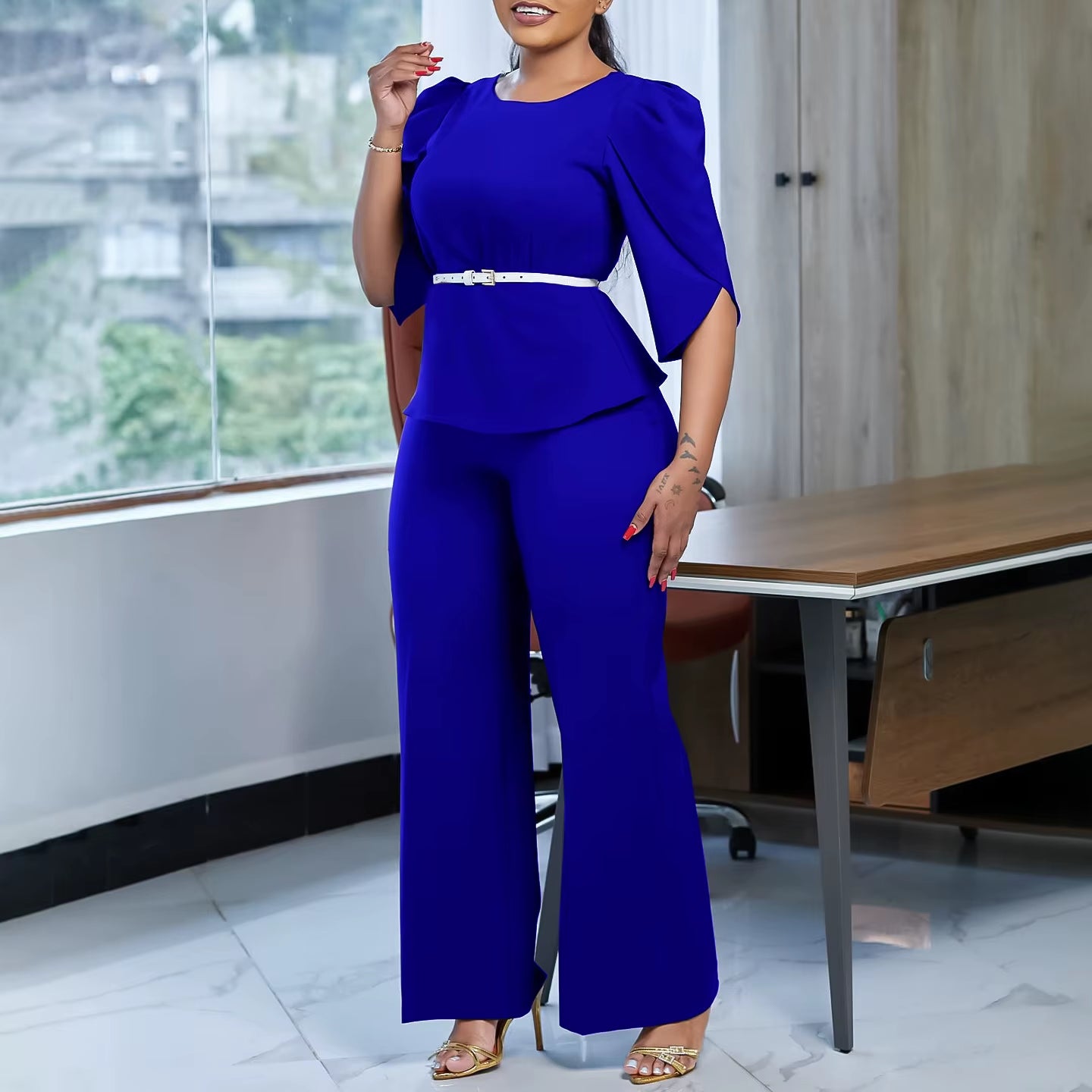 2025 New Elegant Suit O-Neck Half Sleeve with Belt Shirt Blouse Top Wide Leg Pants Two Piece Lady Summer Office Set for Women