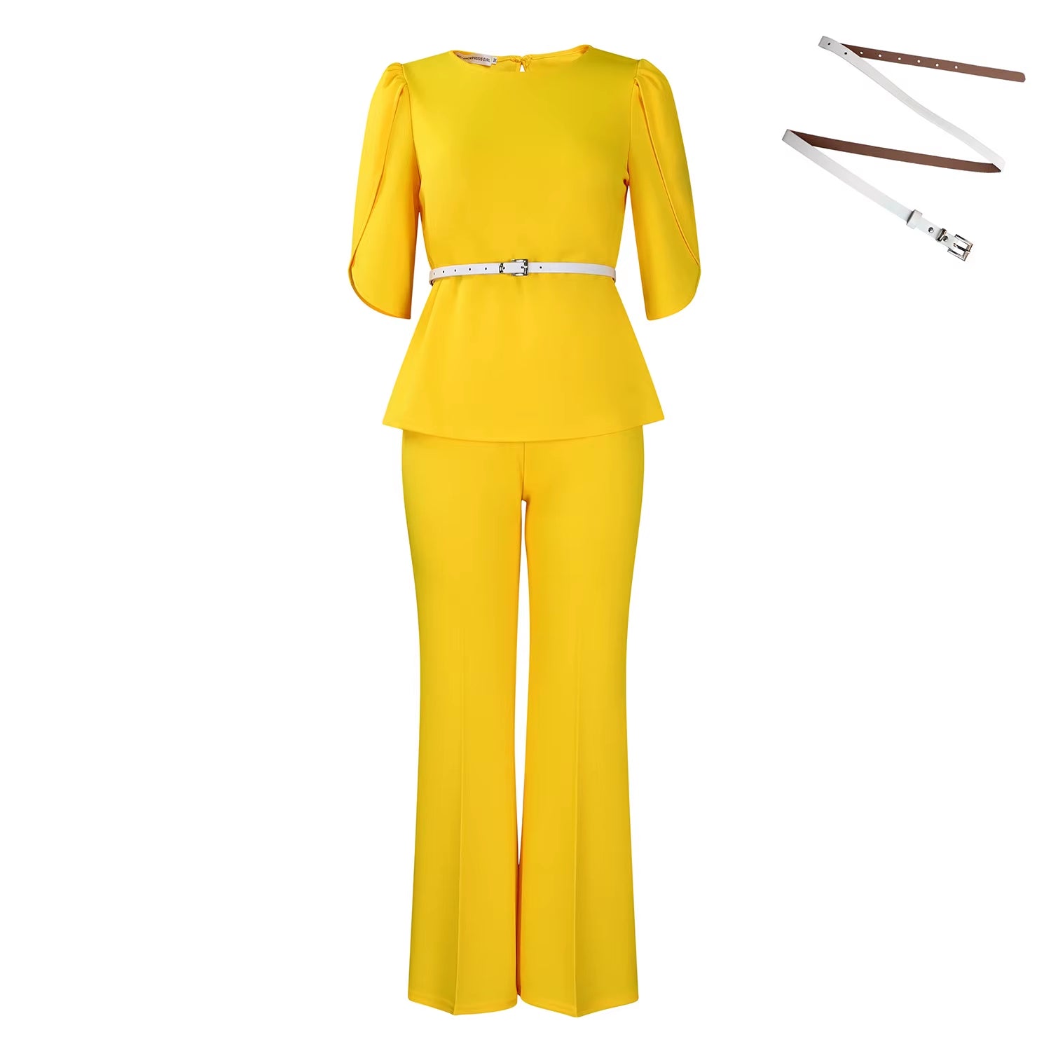 2025 New Elegant Suit O-Neck Half Sleeve with Belt Shirt Blouse Top Wide Leg Pants Two Piece Lady Summer Office Set for Women