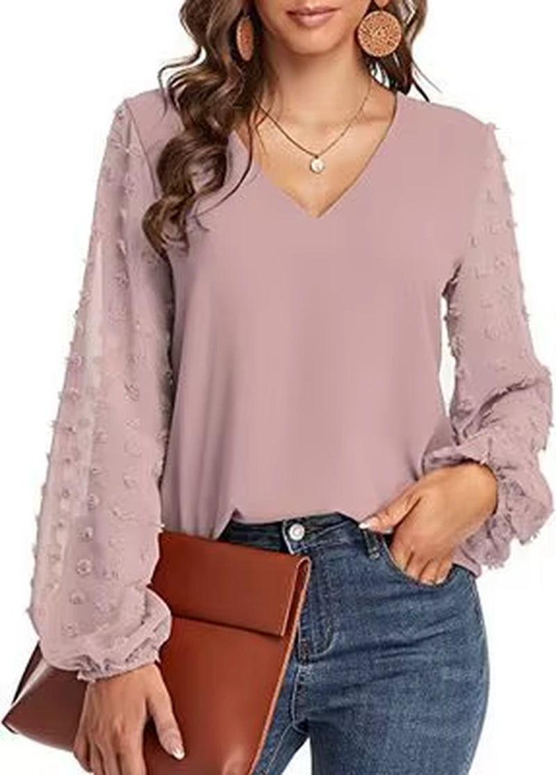 2025 Women'S Top Pearl V Neck Lace Gauze Puff Sleeve Bottoming Shirt Ladies Blouse