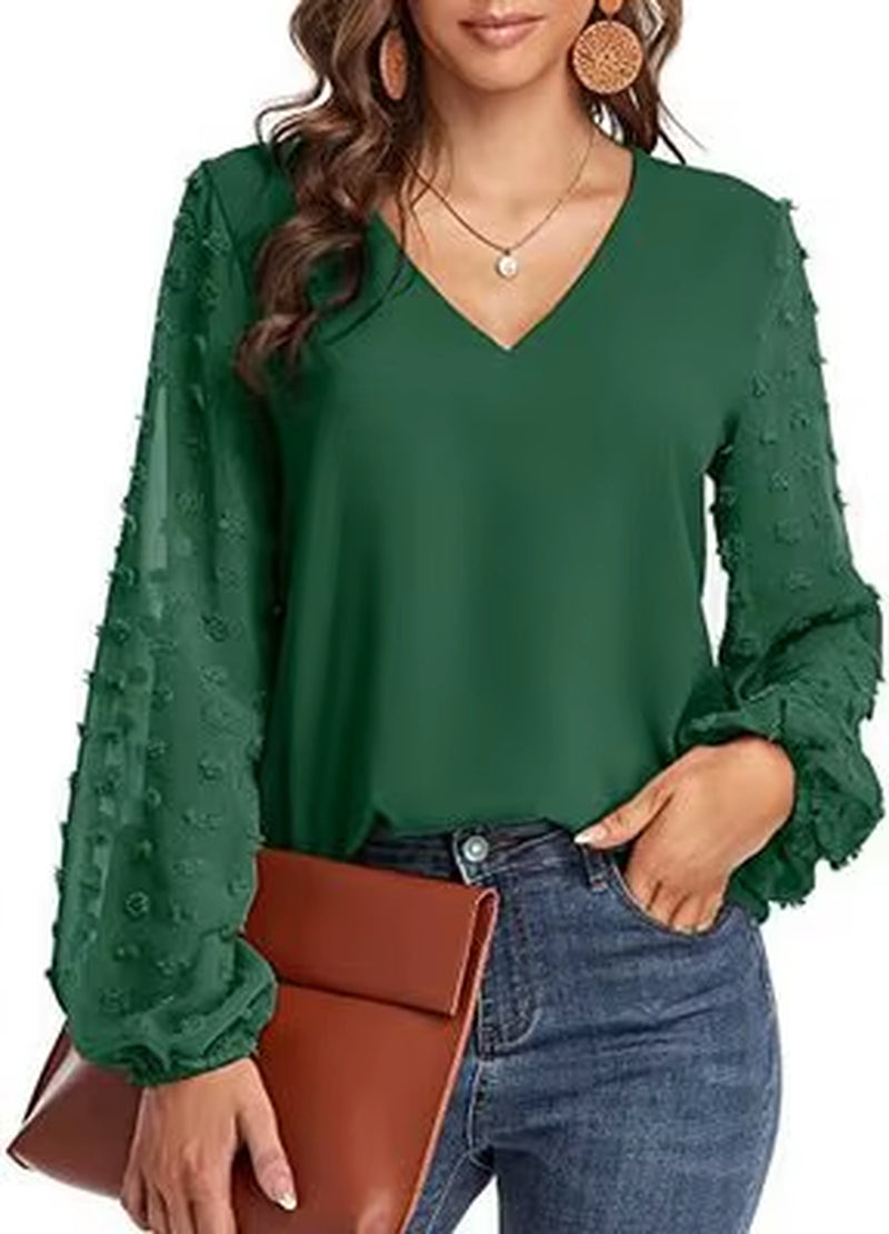 2025 Women'S Top Pearl V Neck Lace Gauze Puff Sleeve Bottoming Shirt Ladies Blouse
