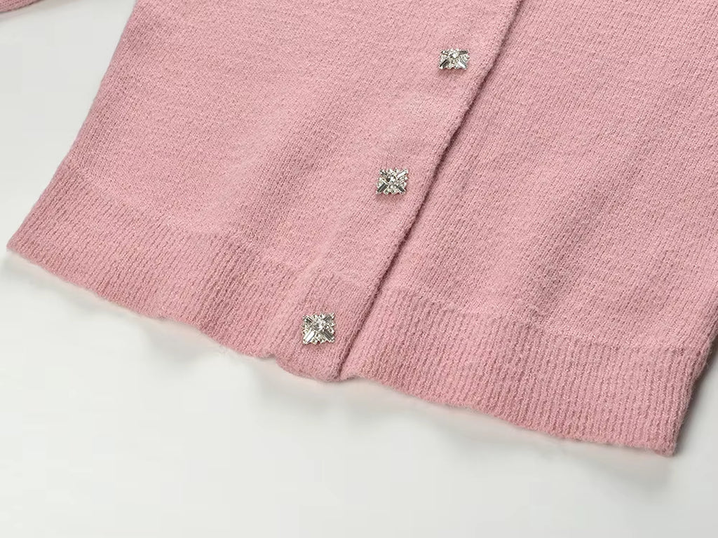 2024 French Style Lady Solid Suit Rhinestone O-Neck Long Sleeve Single-Breasted Cardigan Slim Long Skirt Women Knit 2Pcs