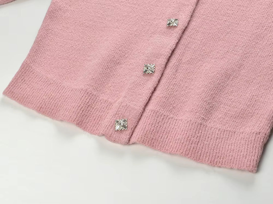 2024 French Style Lady Solid Suit Rhinestone O-Neck Long Sleeve Single-Breasted Cardigan Slim Long Skirt Women Knit 2Pcs