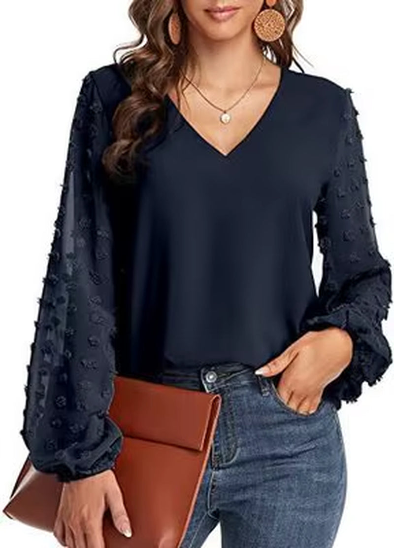 2025 Women'S Top Pearl V Neck Lace Gauze Puff Sleeve Bottoming Shirt Ladies Blouse