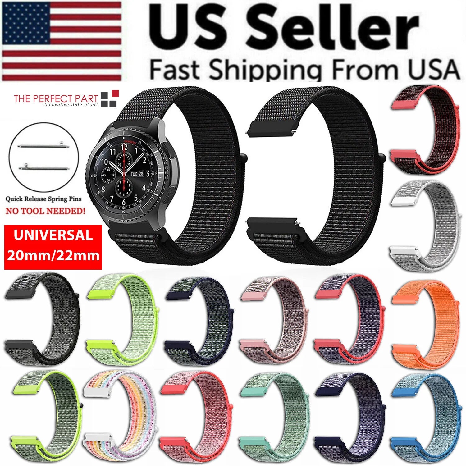 20Mm 22Mm Woven Nylon Sport Loop Watch Band Strap Quick Release Spring Pins USA