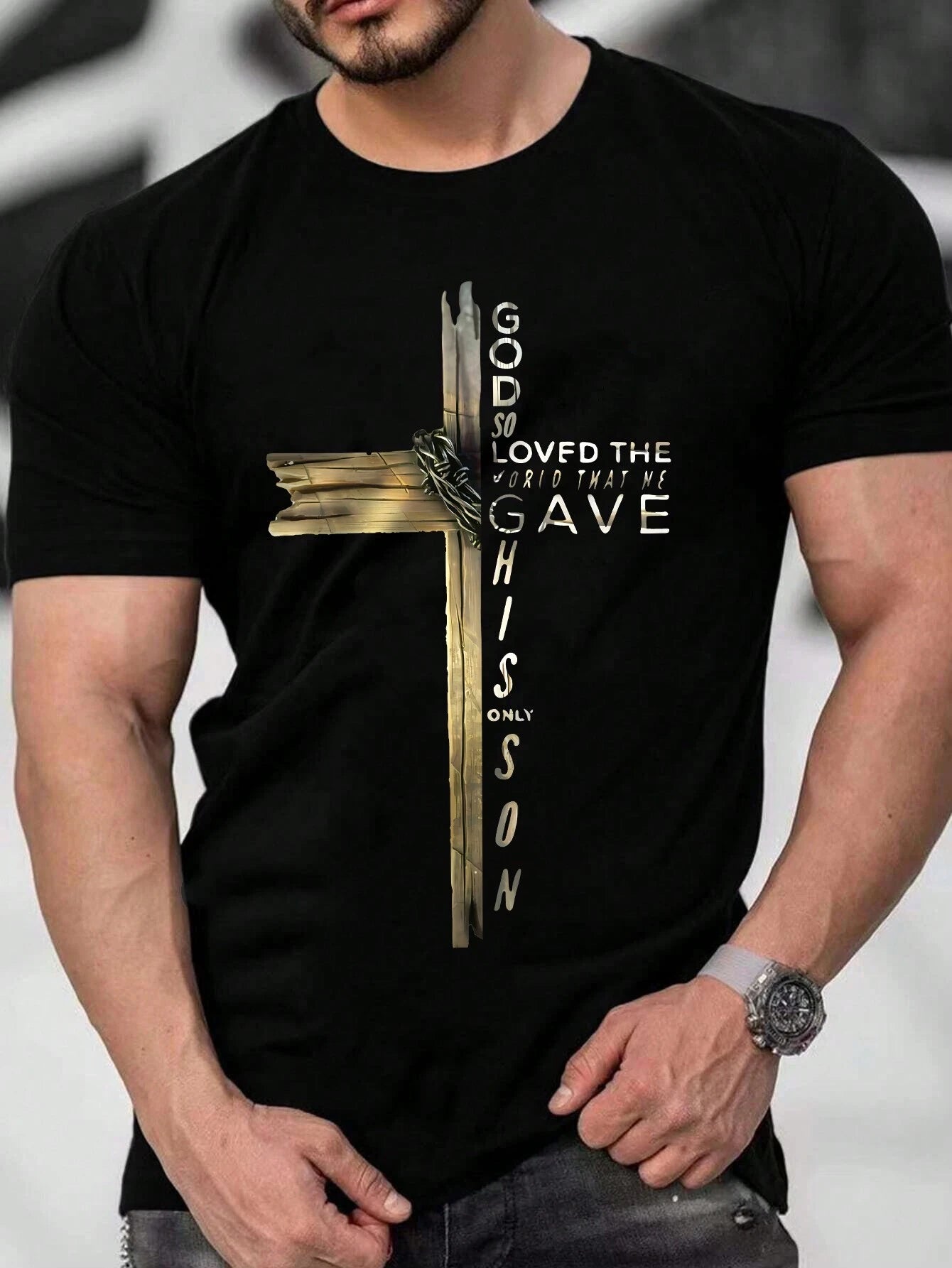 Manfinity LEGND Men Letters and Cross Print round Neck Short Sleeve Casual T-Shirt, Boyfriend Gift, for Work