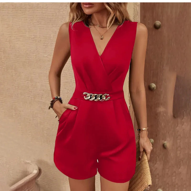 Women Solid Elegant Sleeveless V Neck Belt Pockets and Metal Chain Detail Bodysuit
