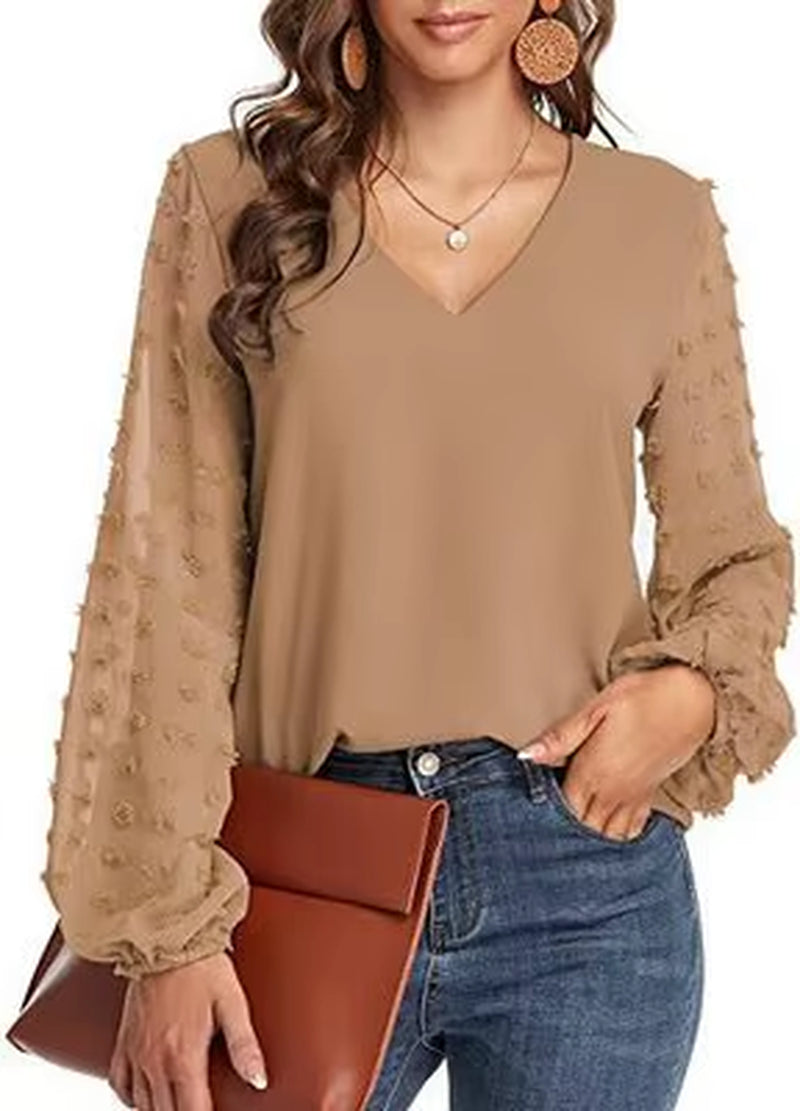 2025 Women'S Top Pearl V Neck Lace Gauze Puff Sleeve Bottoming Shirt Ladies Blouse