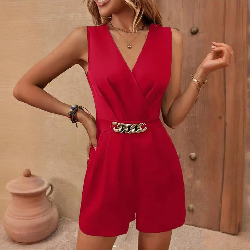 Women Solid Elegant Sleeveless V Neck Belt Pockets and Metal Chain Detail Bodysuit