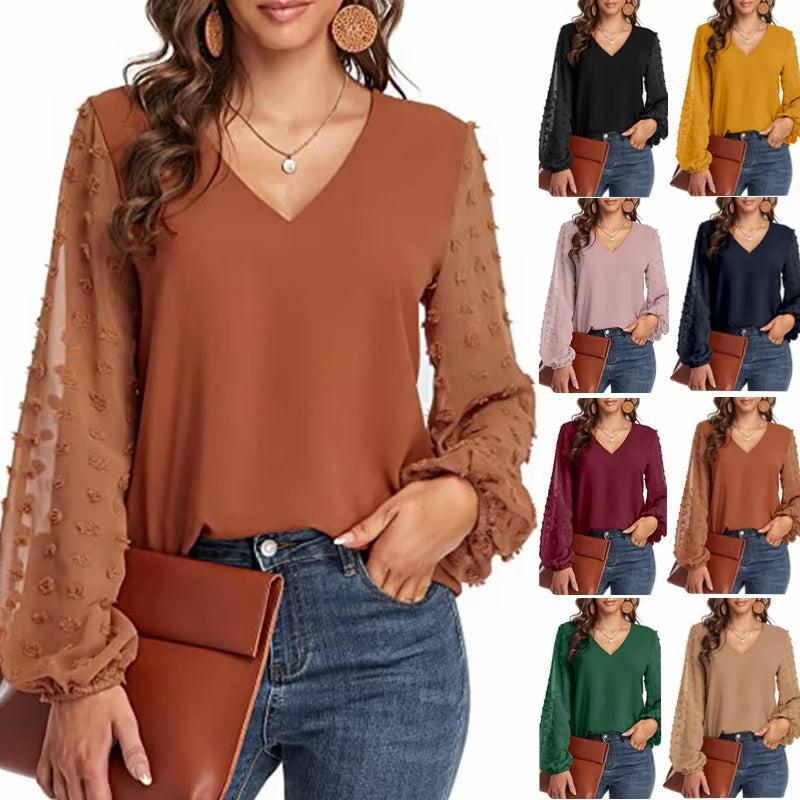 2025 Women'S Top Pearl V Neck Lace Gauze Puff Sleeve Bottoming Shirt Ladies Blouse