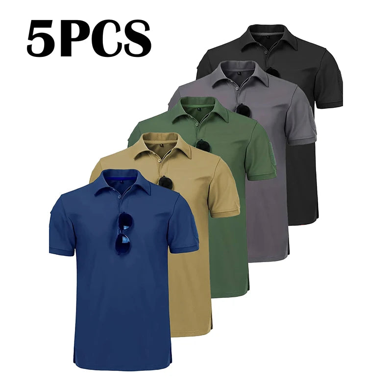 5Pcs Men's Summer Short Sleeve Lapel Shirt Breathable Quick-Drying T-Shirt For Hiking Sports Casual T-Shirt Can Hang Glasses