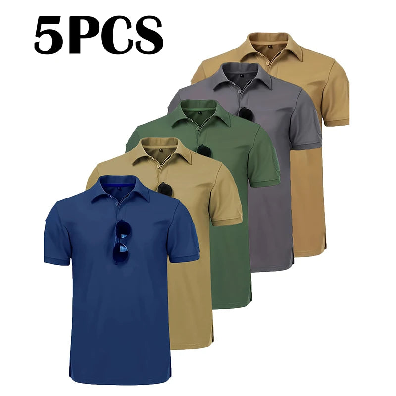 5Pcs Men's Summer Short Sleeve Lapel Shirt Breathable Quick-Drying T-Shirt For Hiking Sports Casual T-Shirt Can Hang Glasses