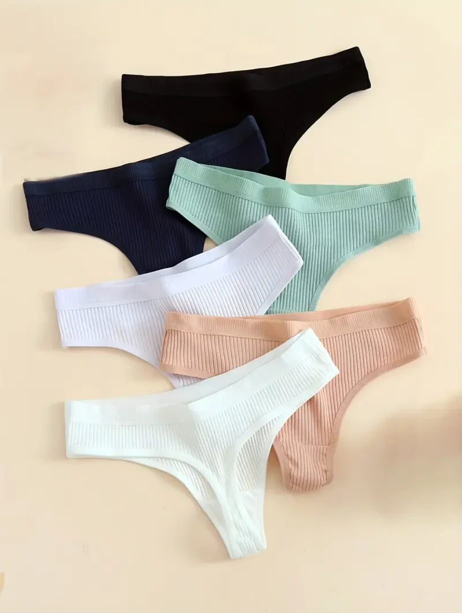 6-Piece Seamless Ribbed Sports Thong, Breathable Comfortable Cotton Panties, Ladies Underwear and Underwear