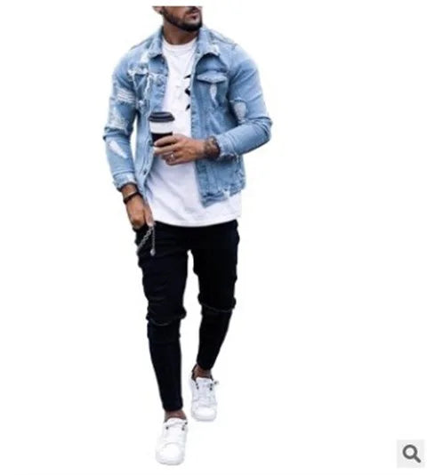 Fashion Men Jackets Spring Autumn New Lapel Men's Denim Jacket Holes Irregular Washing Jacket Men Long Sleeve Cardigan Tops