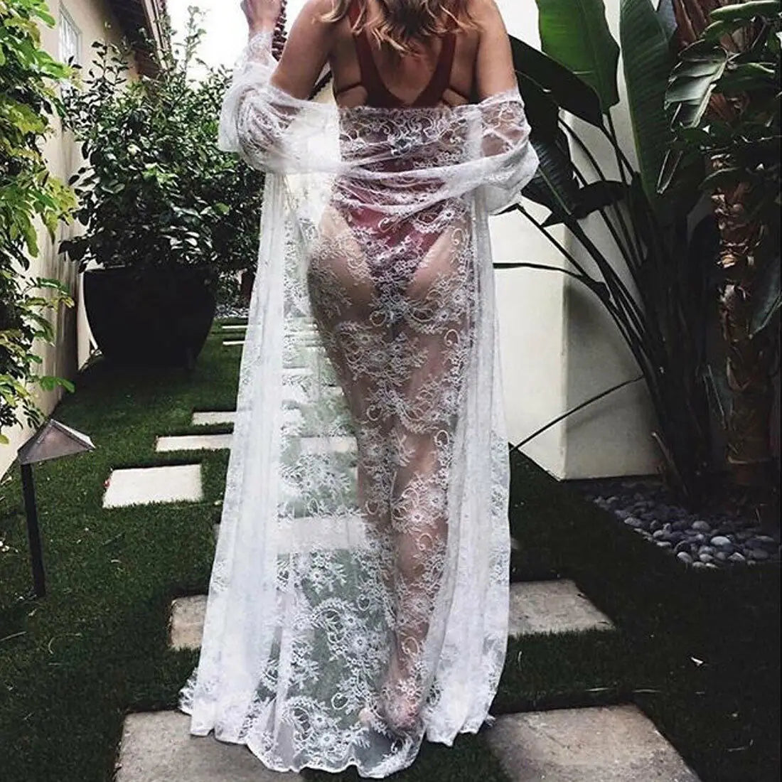 Summer Sexy Women Bikini Cover Up Black White Lace Kimono Boho Beach Long Maxi Dress Sheer Loose Kaftan Tunic Swimsuit