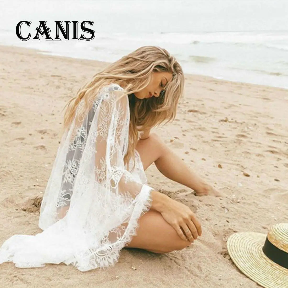 Summer Sexy Women Bikini Cover Up Black White Lace Kimono Boho Beach Long Maxi Dress Sheer Loose Kaftan Tunic Swimsuit