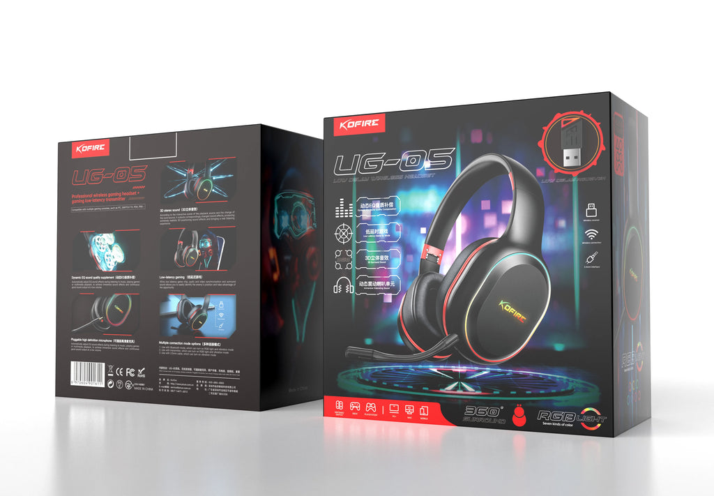 Kofire UG-05 Gaming Headphones 2.4G BT5.0 Wireless Headset With Mic RBG Light Vibration Bluetooth Earphone For PS4 PS5 PC Switch