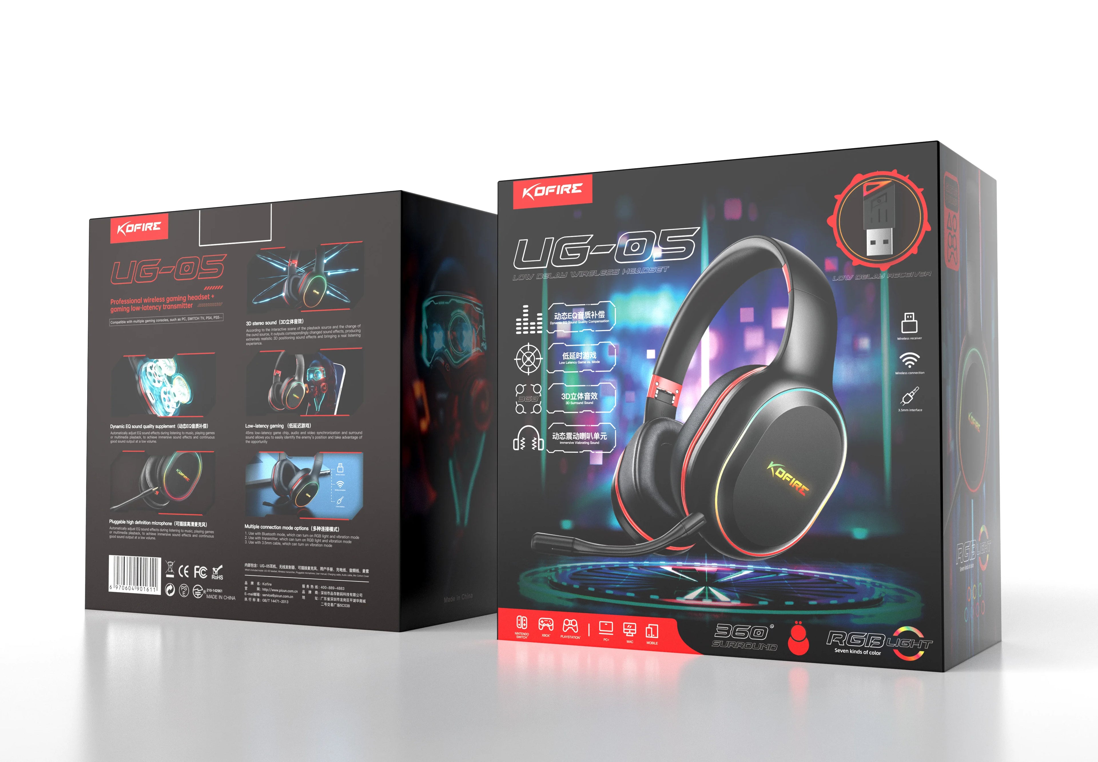 Kofire UG-05 Gaming Headphones 2.4G BT5.0 Wireless Headset With Mic RBG Light Vibration Bluetooth Earphone For PS4 PS5 PC Switch