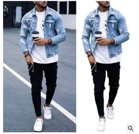 Fashion Men Jackets Spring Autumn New Lapel Men's Denim Jacket Holes Irregular Washing Jacket Men Long Sleeve Cardigan Tops