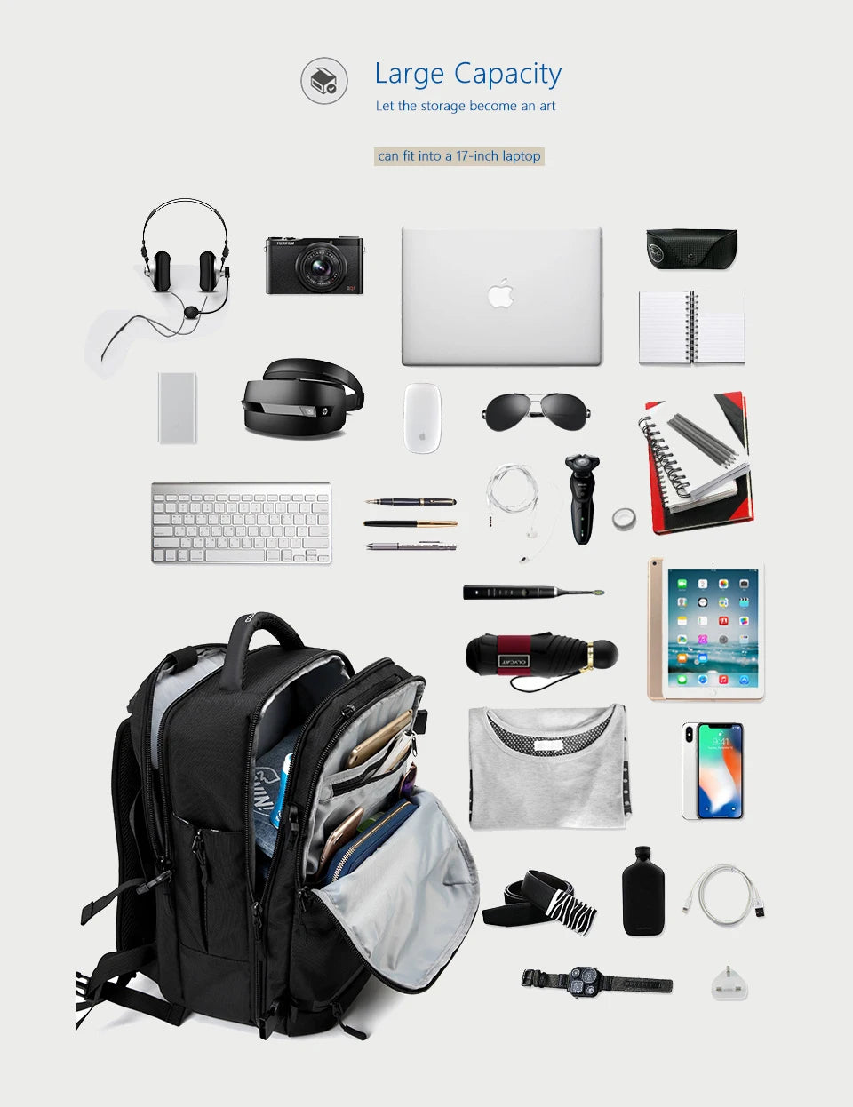 OZUKO New Men Backpack for 15"17" Laptop Backpacks Water Repellent Multifunction Bag USB Charging Travel Backpack Large Mochila