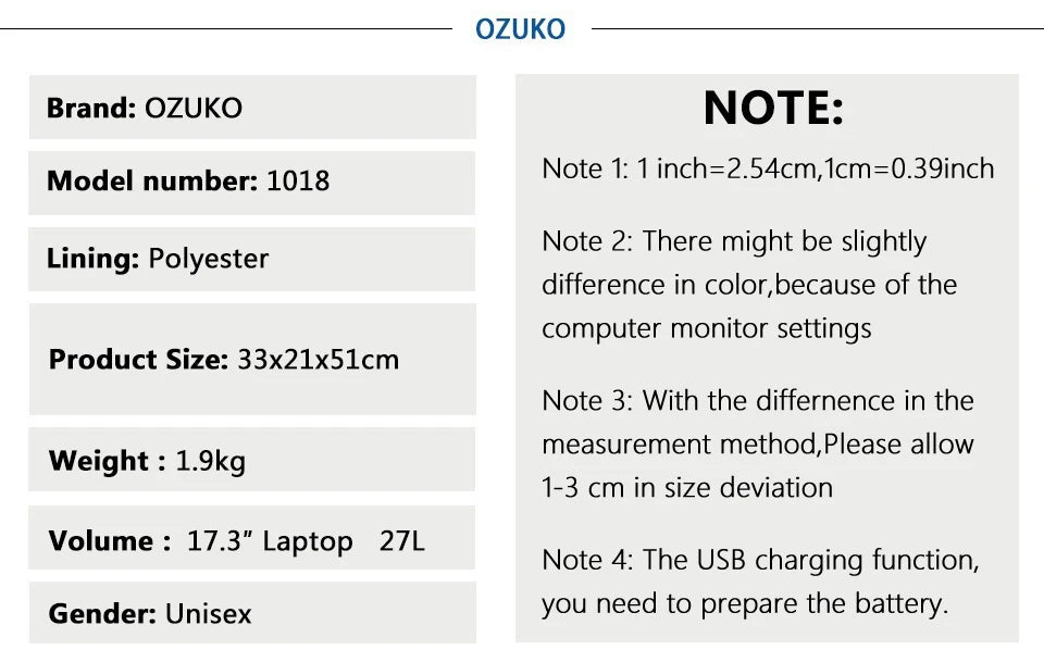 OZUKO New Men Backpack for 15"17" Laptop Backpacks Water Repellent Multifunction Bag USB Charging Travel Backpack Large Mochila