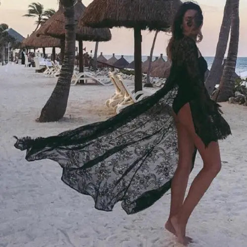 Summer Sexy Women Bikini Cover Up Black White Lace Kimono Boho Beach Long Maxi Dress Sheer Loose Kaftan Tunic Swimsuit
