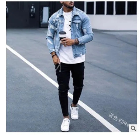 Fashion Men Jackets Spring Autumn New Lapel Men's Denim Jacket Holes Irregular Washing Jacket Men Long Sleeve Cardigan Tops