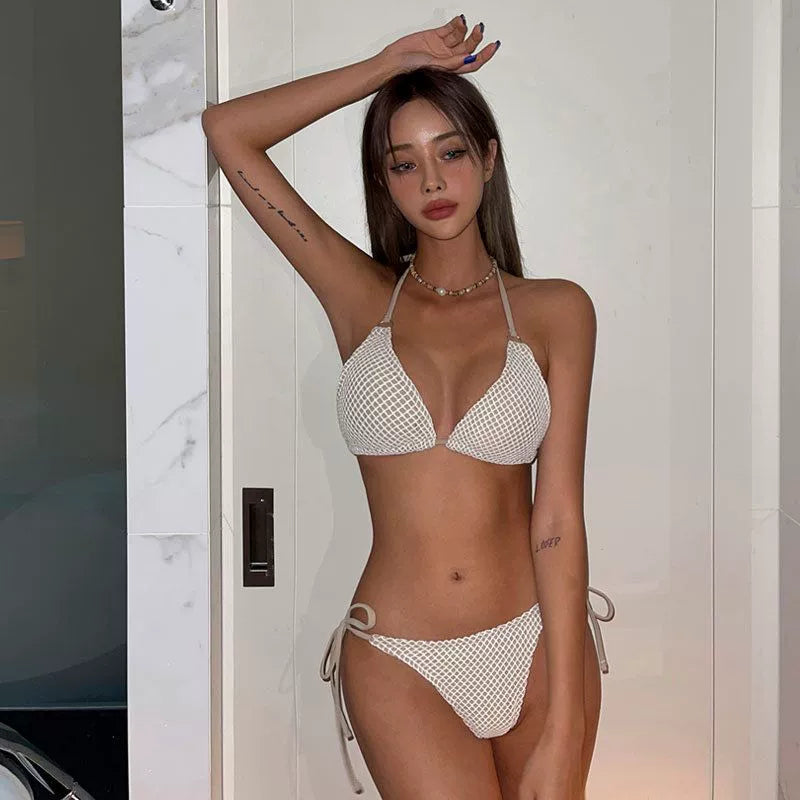 Bikini Swimsuit Women's Fashion Instagram Mesh Red Wind Vacation Sexy Little Chest Gathered Grid Vacation Separates Swimsuit